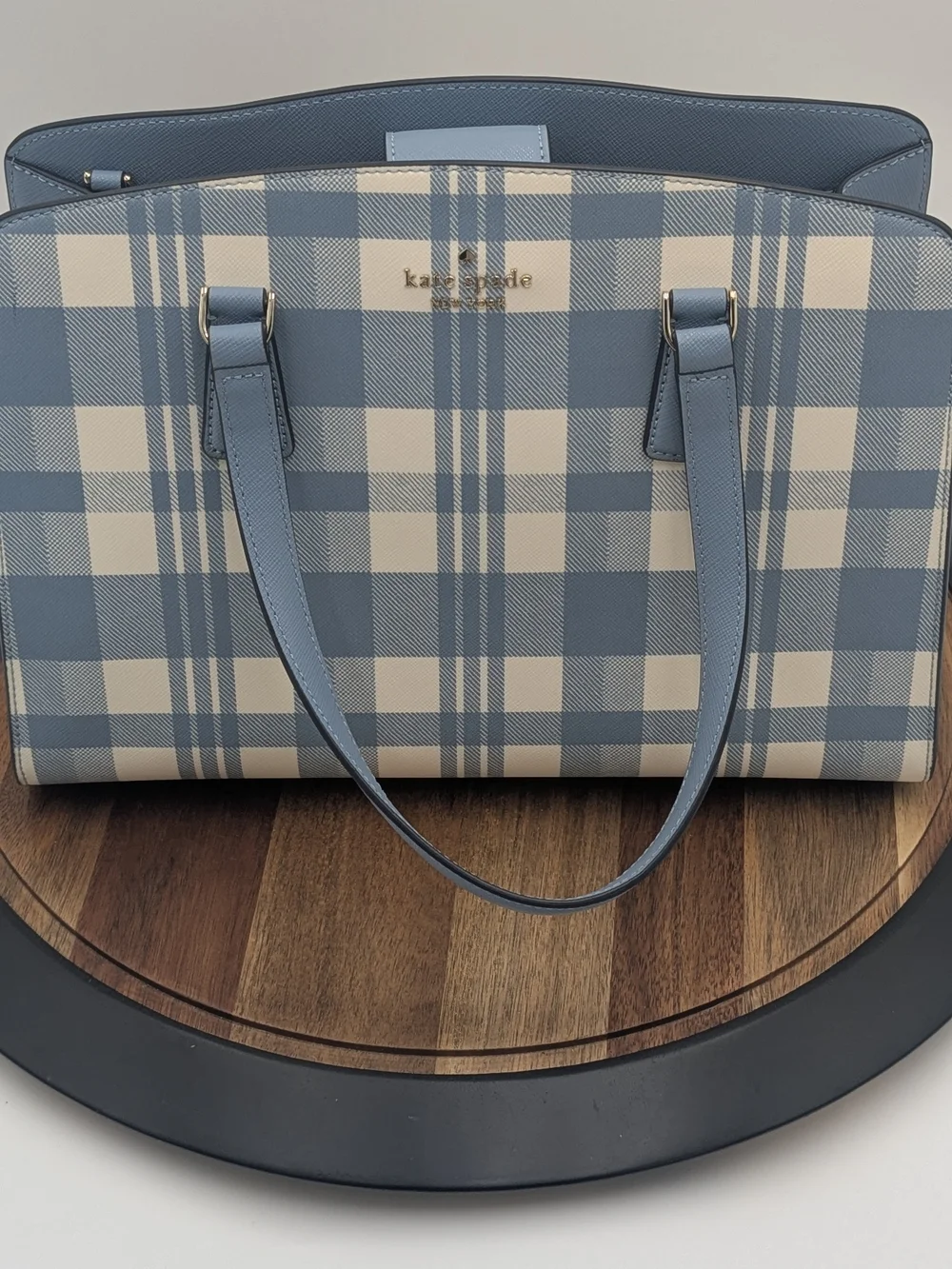 Kate Spade New York Blue Plaid Saffiano Leather Satchel Crossbody Bag